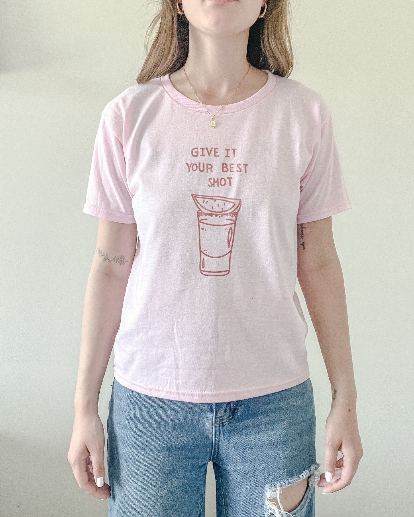 "GIVE IT YOUR BEST SHOT" Tequila Pink Retro Tee Shirt Sweater Sweatshirt